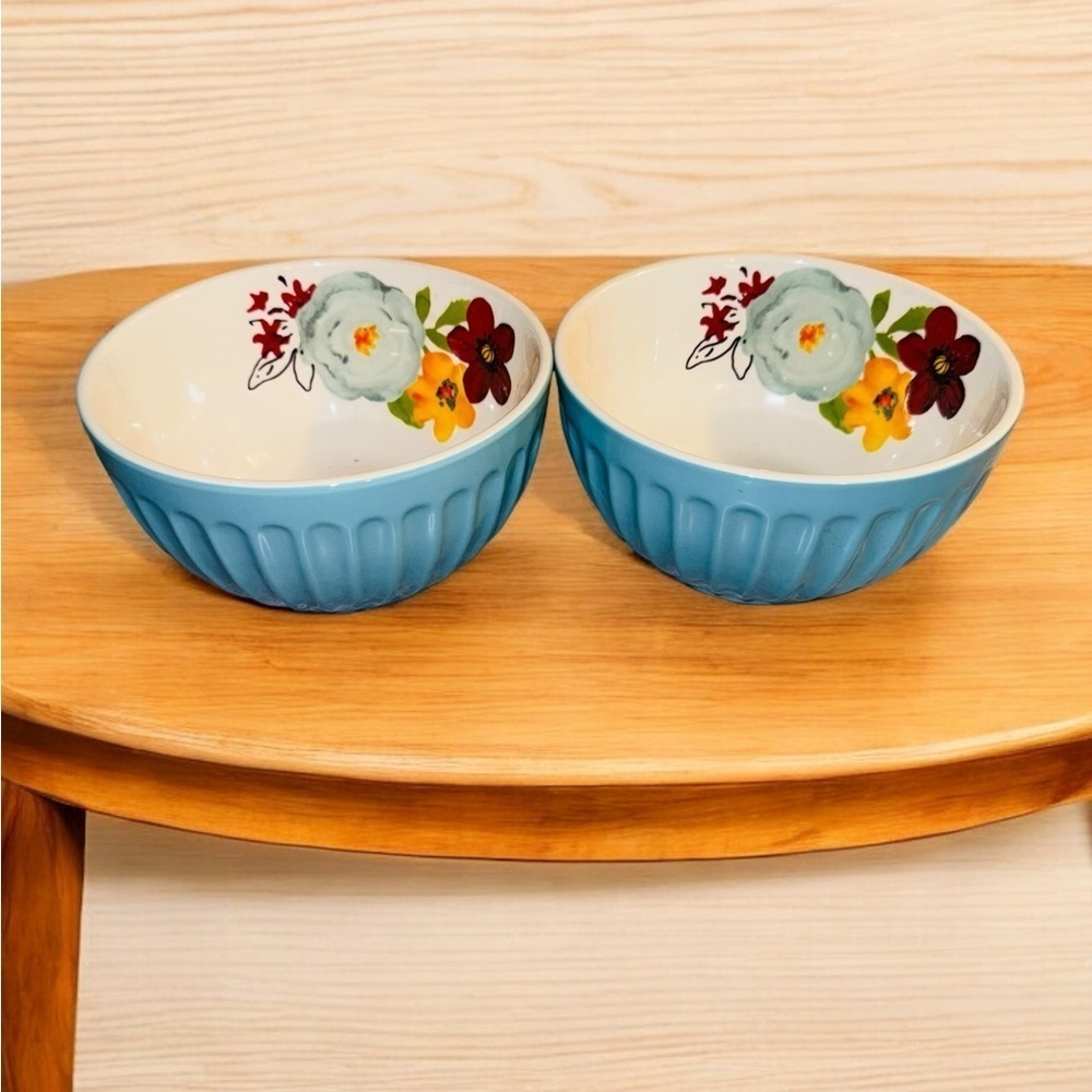 2 PIONEER WOMAN Stoneware 6" Bowl Ribbed Aqua/Turquoise & Blue Yellow Flowers